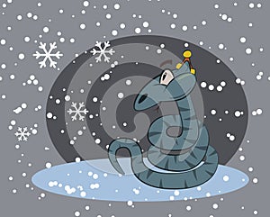 Snake surprised by winter snow. Fun humor cute snake character.