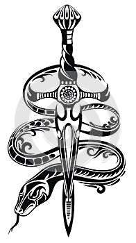 Snake and Sword drawn in tattoo style. Vector illustration.