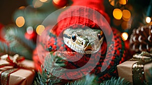 A snake, symbol of new year 2025, chineese tradition, warmly dressed in a red hat and scarf, under christmas tree with gifts and photo