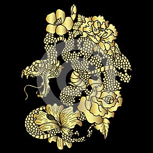 Snake tattoo and illustration design with Sakura branch.