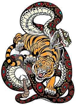 Snake and tiger fighting