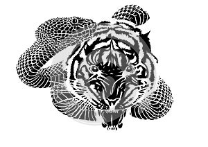 Snake and tiger fighting, tattoo vector illustration