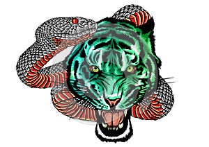 Snake and tiger fighting, tattoo vector illustration