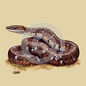 Snake on top of some dirt or sand. The snake has blue eyes and appears to be coiled up in an alert position. It seems