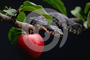 Snake on tree branch with red apple, Bible story. Generative AI