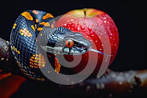 Snake on tree branch with red apple, Bible story. Generative AI
