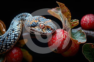 Snake on tree branch with red apple, Bible story. Generative AI