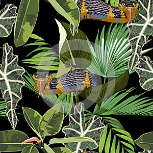 Snake and tropical plants seamless pattern. Jungle summer art . Fashion template for clothes, textiles, t-shirt design.