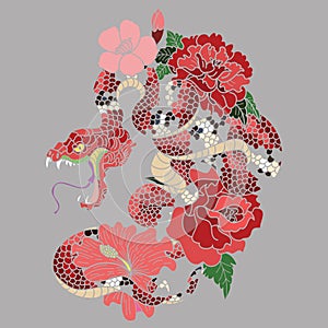 Snake vector tattoo and illustration design with Sakura branch and flower on background.