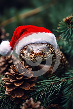 A snake wearing a santa hat sitting on top of a pine tree
