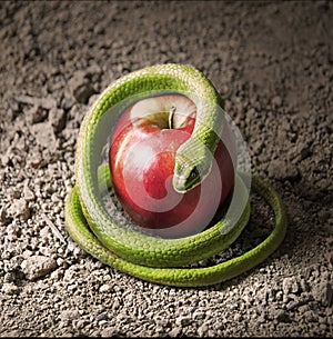 A snake wrapped around an apple as a symbol of temptation