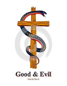 Snake wraps around Christian cross, the struggle between good and evil, saint and sinner, love and hate, life and death symbolic