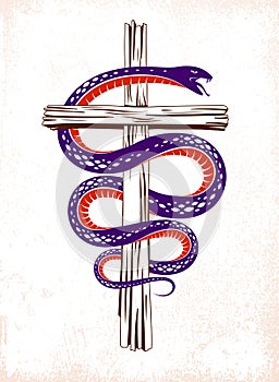 Snake wraps around Christian cross, the struggle between good and evil, saint and sinner, love and hate, life and death symbolic