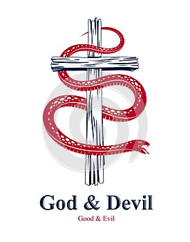 Snake wraps around Christian cross, the struggle between good and evil, saint and sinner, love and hate, life and death symbolic