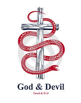 Snake wraps around Christian cross, the struggle between good and evil, saint and sinner, love and hate, life and death symbolic