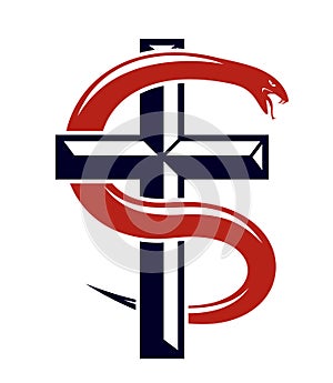 Snake wraps around Christian cross, the struggle between good and evil, saint and sinner, love and hate, life and death symbolic