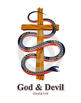 Snake wraps around Christian cross, the struggle between good and evil, saint and sinner, love and hate, life and death symbolic