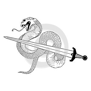 The snake wraps around a sharp sword