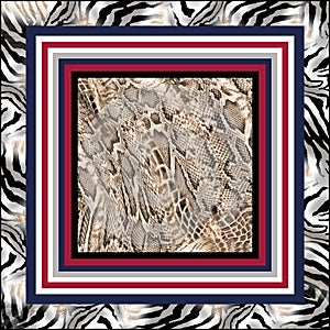 Snake and zebra pattern.Silk scarf design, fashion textile.