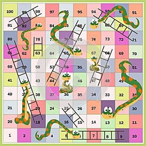 Snakes and ladders boardgame for children. Cartoon style. Vector illustration photo
