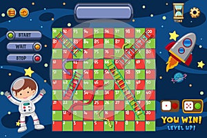 Snakes and ladders game with man and spaceship