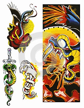 Snakes newskool tattoo set. Set of labels and elements. Vector set illustration template