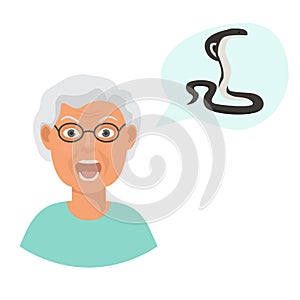 Snakes scared head of eldery woman cartoon vector illustration. Grandmother suffering from the fear and terror of