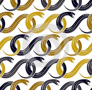 Snakes seamless background, vector dangerous venom serpents pattern, vintage style drawing tiling endless