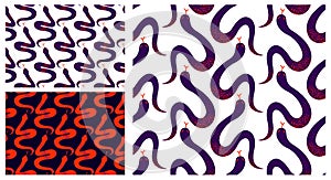 Snakes seamless textile set, vector background with a lot of serpents endless texture, stylish fabric or wallpaper design,