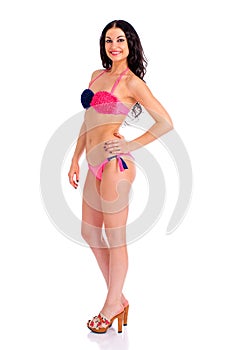 Snap model. Full length portrait of young woman wearing pink and