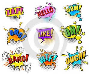 Snap speech bubbles. Comic suond effect sticker book superhero bubble, blast cloud with text boom omg pow wow crash zzz