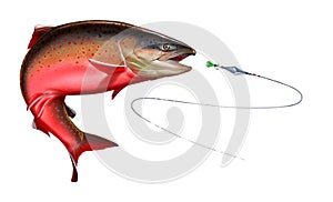 Atlantic salmon or pink salmon attacks fish bait jigs and stakes isolate realistic illustration.