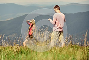 Snapping memories. Man and woman posing mobile photo. Lets take photo. Summer vacation concept. One more shot. Travel