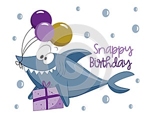 Snappy Birthday - happy greeting with cute shark with birthday peresent and balloons