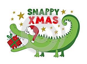 Snappy Christmas - funny greeting with alligator in Santa hat. Christmas present and stars.