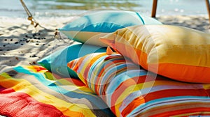 A snapshot of colorful beach towels and cushions reminding readers to bring comfortable seating options for maximum