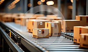 Snapshot of E-commerce Cardboard Boxes Moving on Conveyor Belt in Fulfillment Warehouse