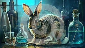 Snapshot of a Mountain Cottontail rabbit next to bottles of Water in Nature