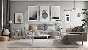 A snapshot of a serene living space with a cute grey sofa as its