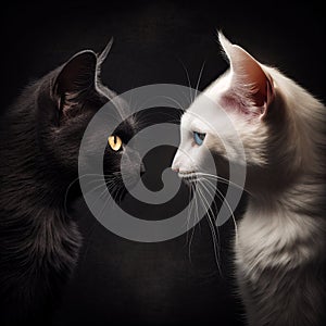 Snapshot of two cats one white one black portrait black background Generative AI