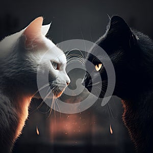 Snapshot of two cats one white one black portrait black background Generative AI