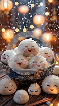 Snapshot of a white mammal dumpling dish with faces on a table