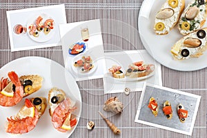 Snapshots of various sandwiches with seafood arranged on rustic wooden background with plates with food and seashells