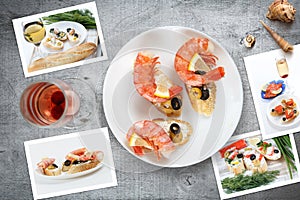 Snapshots of various sandwiches with seafood arranged on rustic wooden background with plates with food and seashells