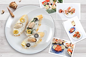 Snapshots of various sandwiches with seafood arranged on rustic wooden background with plates with food and seashells