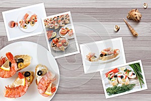 Snapshots of various sandwiches with seafood arranged on rustic wooden background with plates with food and seashells