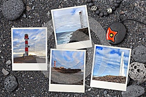 Snapshots of various Tenerife lighthouses arranged on black volcanic background