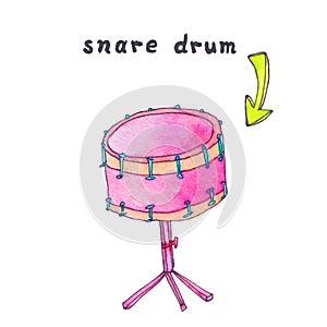 Snare drum watercolor illustration. Pink drum with a 3d green arrow hand drawn sketch