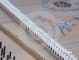 Snares inside body of old harpsichord with bridge