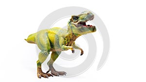 Snarling green Tyrannosaurus a huge reptile from the Jurassic period, a children`s toy